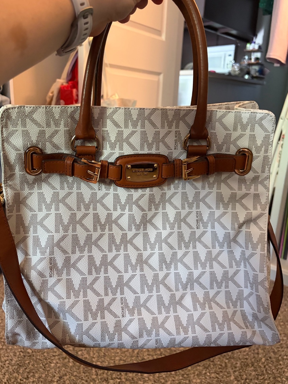 Michael Kors Hamilton Cream Logo Tote with Brown Leather Handles